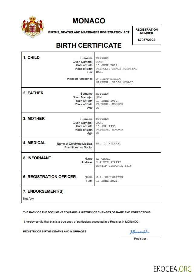 Acte d'état civil de Monaco, modèle Word et PDF template